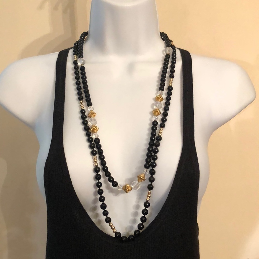 Bundle lot 2 faux onyx look beaded statement necklaces